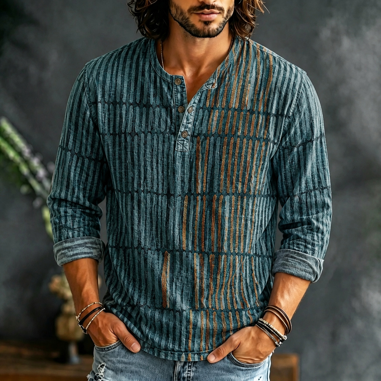 Men's Vintage Geometric Art Pattern Casual Long-sleeve Henley Shirt