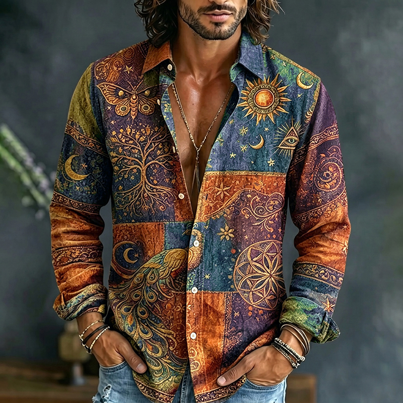 Men's Mystical Hippie Style Peacock Sun And Moon Art Print Long Sleeve Shirt