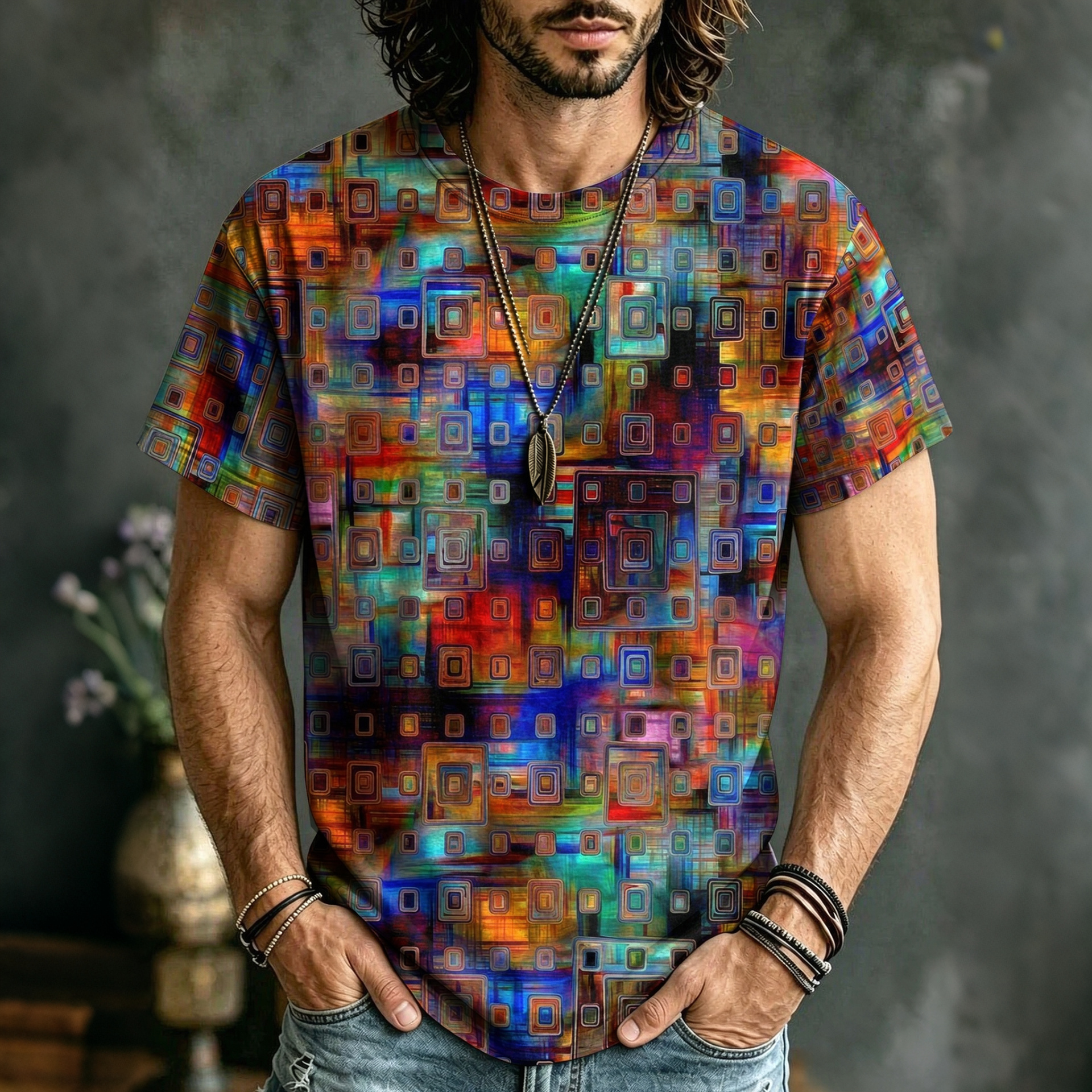 Men's Retro Geometry Gradient Print Short-sleeve T-shirt