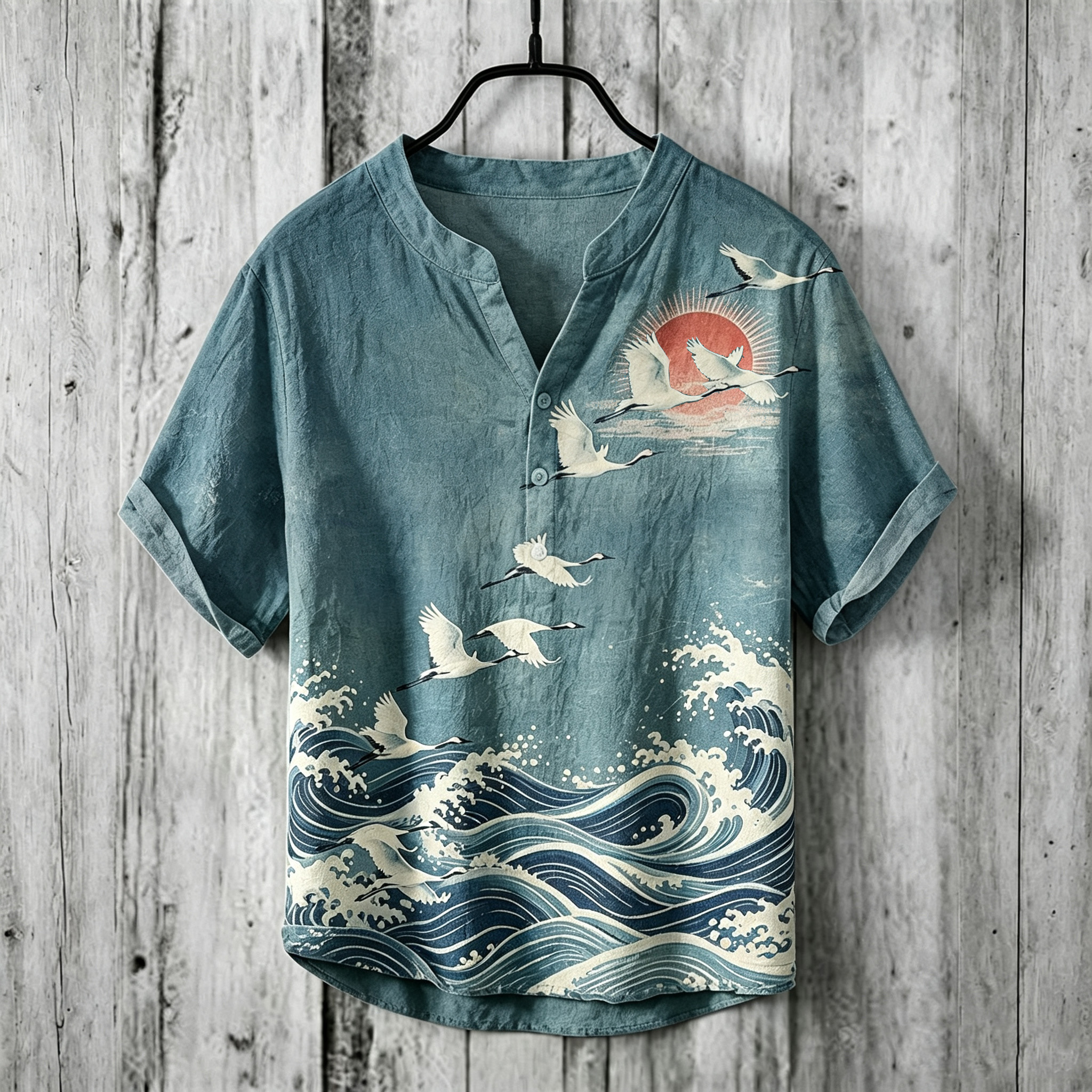 Men's Retro Japanese Art Ukiyo-e Crane And Wave Print Cotton Linen Top