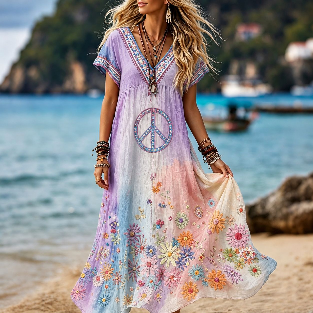 Women's Retro Hippie Peace Floral Embroidery Art V Neck Short Sleeve Linen Blend Maxi Dress