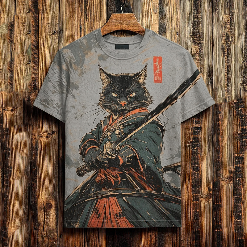 Men's Black Cat Samurai Japanese Art Print Casual T-shirt