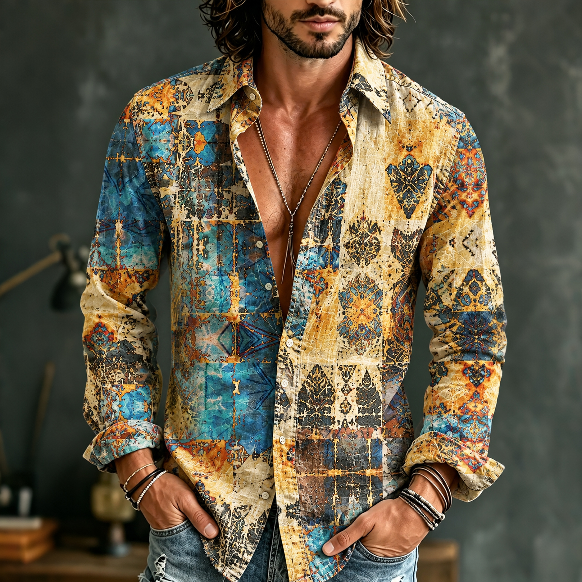 Men's Retro Retro Ethnic Gradient Pattern Art Cotton Linen Shirt
