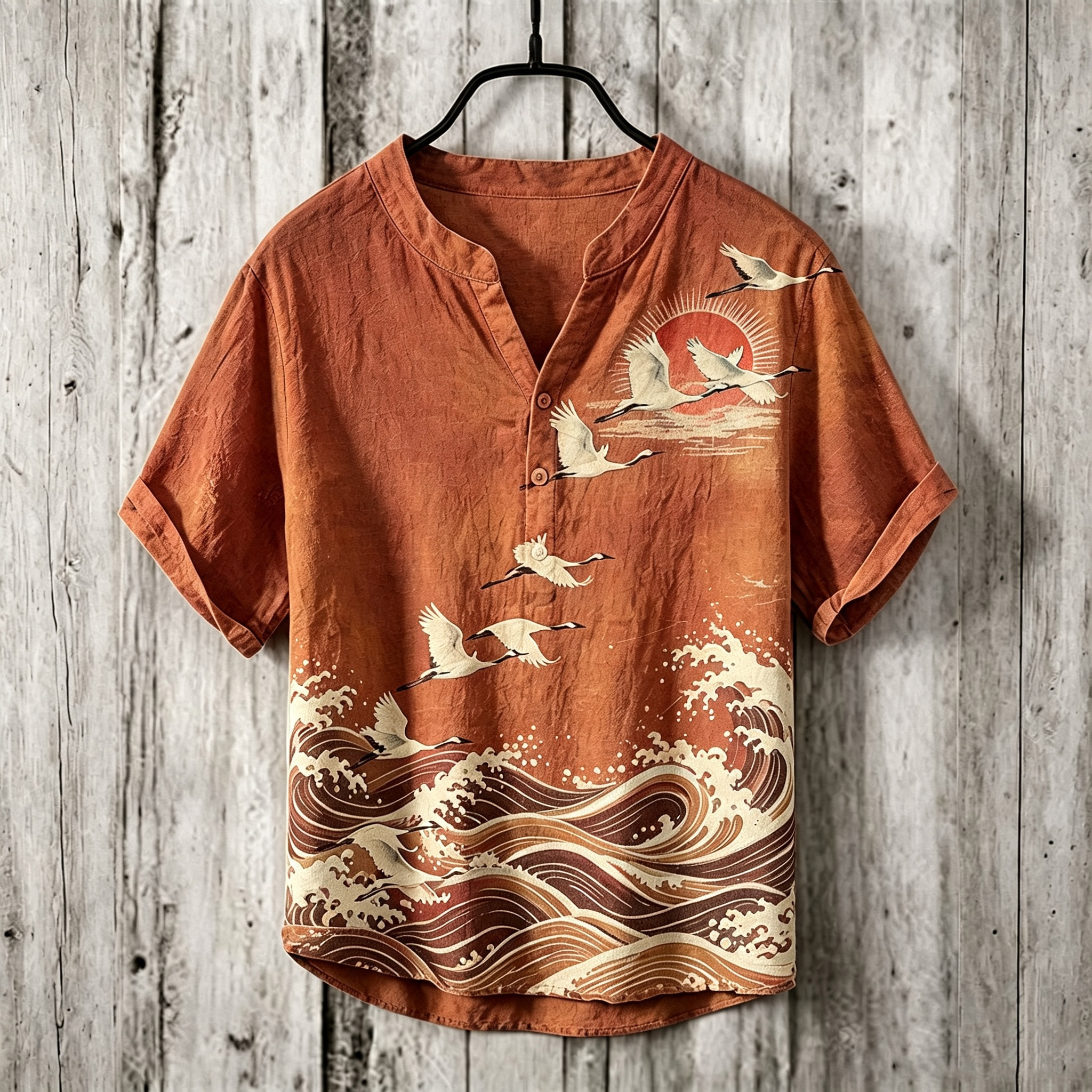 Men's Retro Japanese Art Ukiyo-e Crane And Wave Print Cotton Linen Top