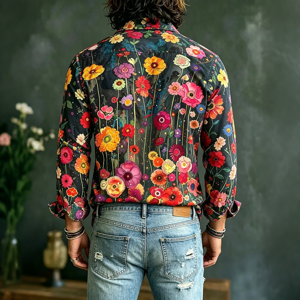 Men's Vintage Hippie Floral Art Print Long Sleeves Linen Shirt