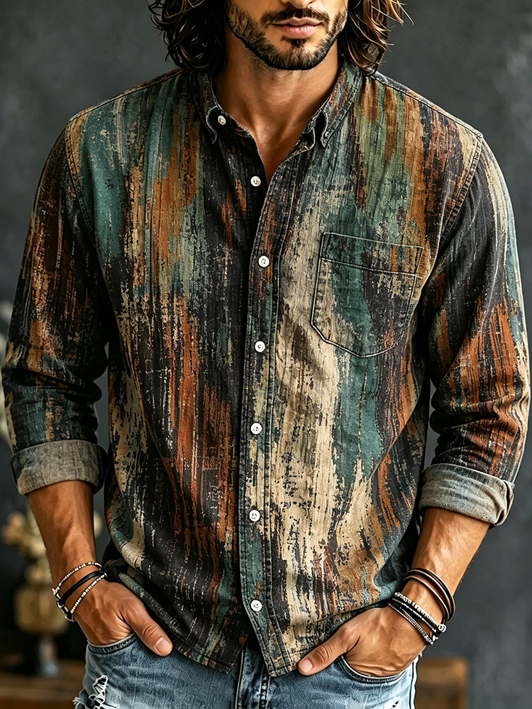 Men's Retro Print Long-sleeve Cotton Linen Shirt