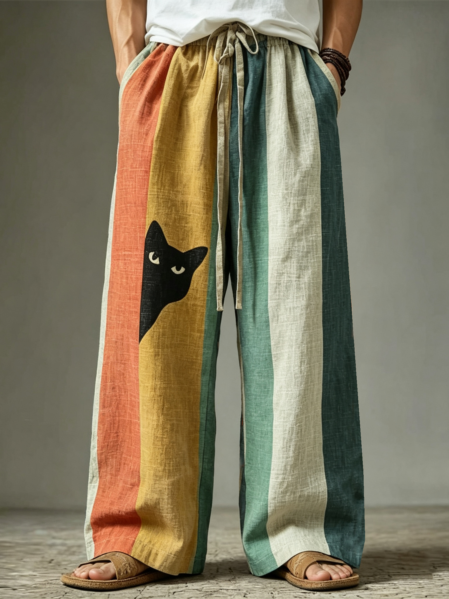 Men's Vintage Black Cat Contrast Stripes Pattern Pants