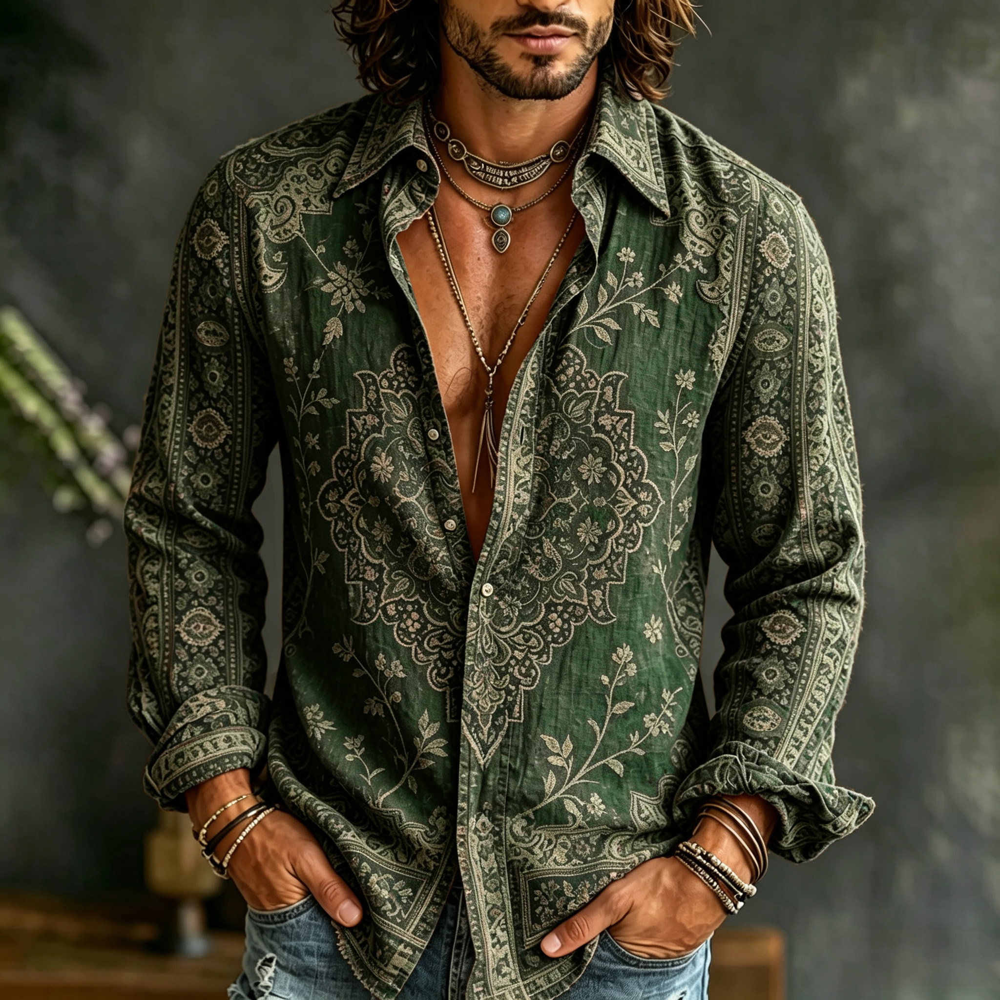 Men's Vintage Ethnic Geometry And Floral Print Flowy Linen Blend Casual Shirt