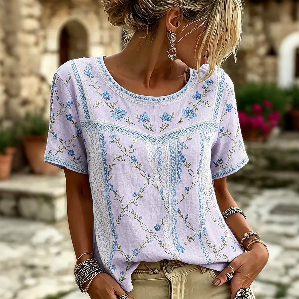 Women's Retro Floral Patchwork Print Art Round Neck Linen Blend T-shirt