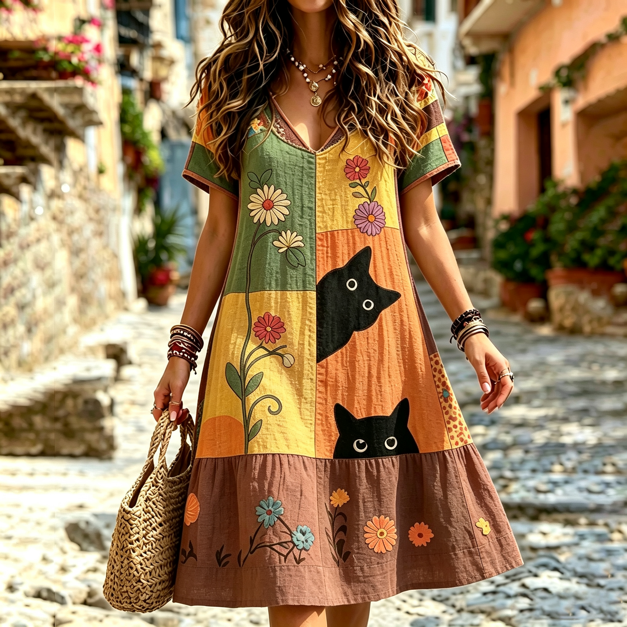 Women's Hippie Black Cat Art Print Linen Blend V Neck Mini Dress