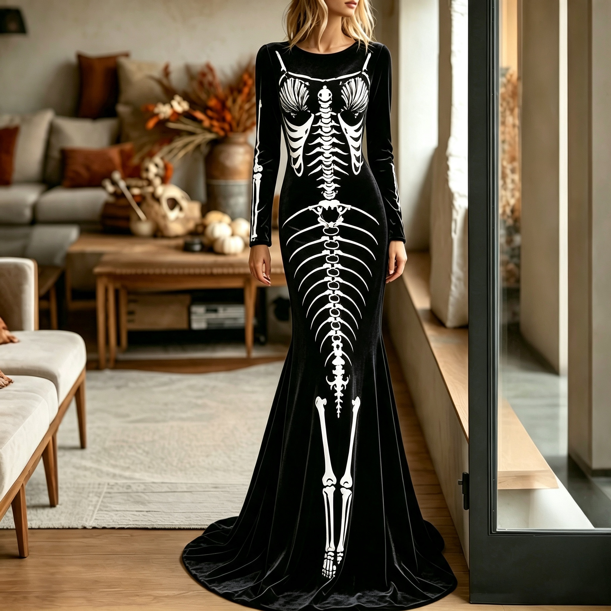 Women's Retro Halloween Mermaid Structure Round Neck Velvet Dress