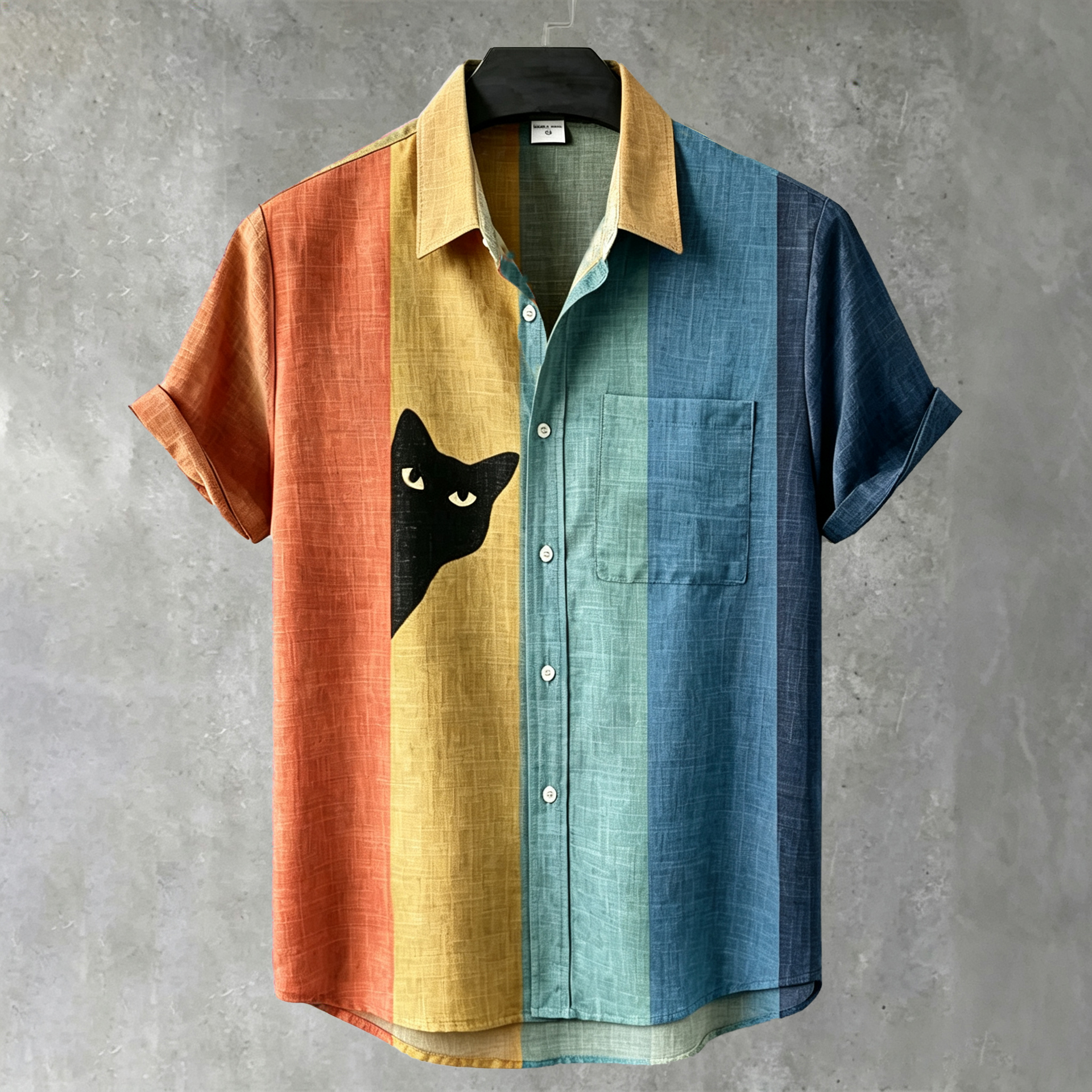 Men's Vintage Black Cat Contrast Stripes Short Sleeve Collared Shirt
