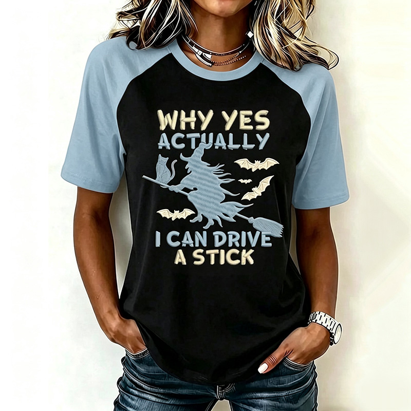 Women's Retro Halloween Theme Pattern I Can Drive A Stick Print Short-sleeve T-shirt