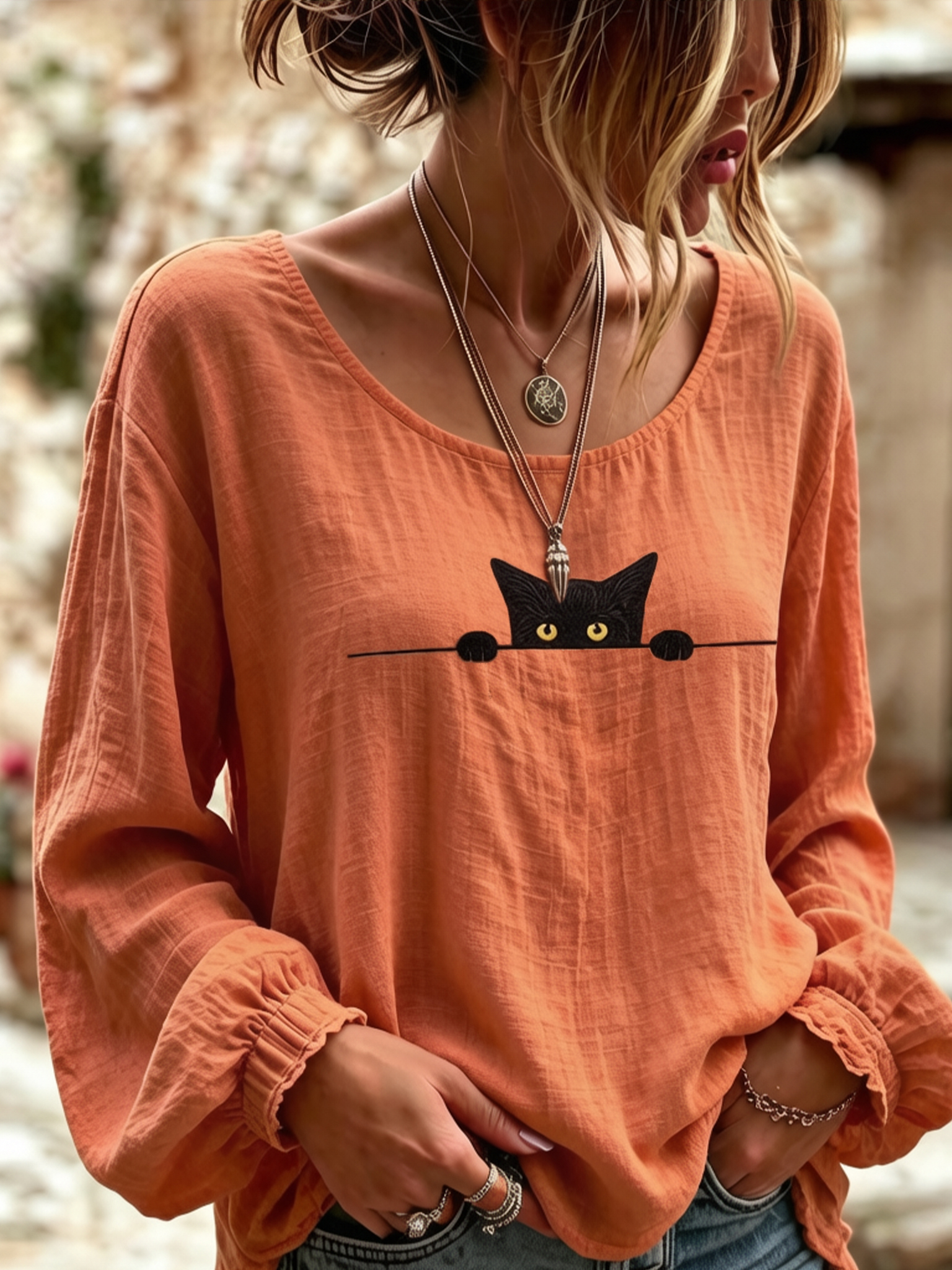 Women's Vintage Black Cat Art Embroidered Linen Blend Round Neck Long Sleeve Tops