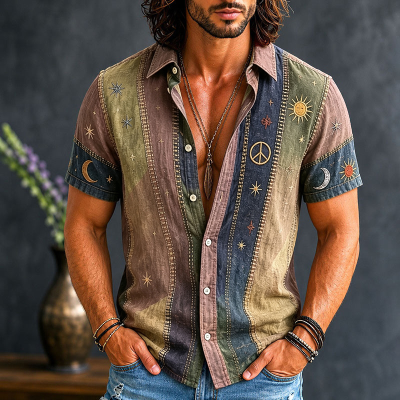 Men's Vintage Patchwork Peace Sign Sun Moon Star Art Print Cotton Linen Shirt