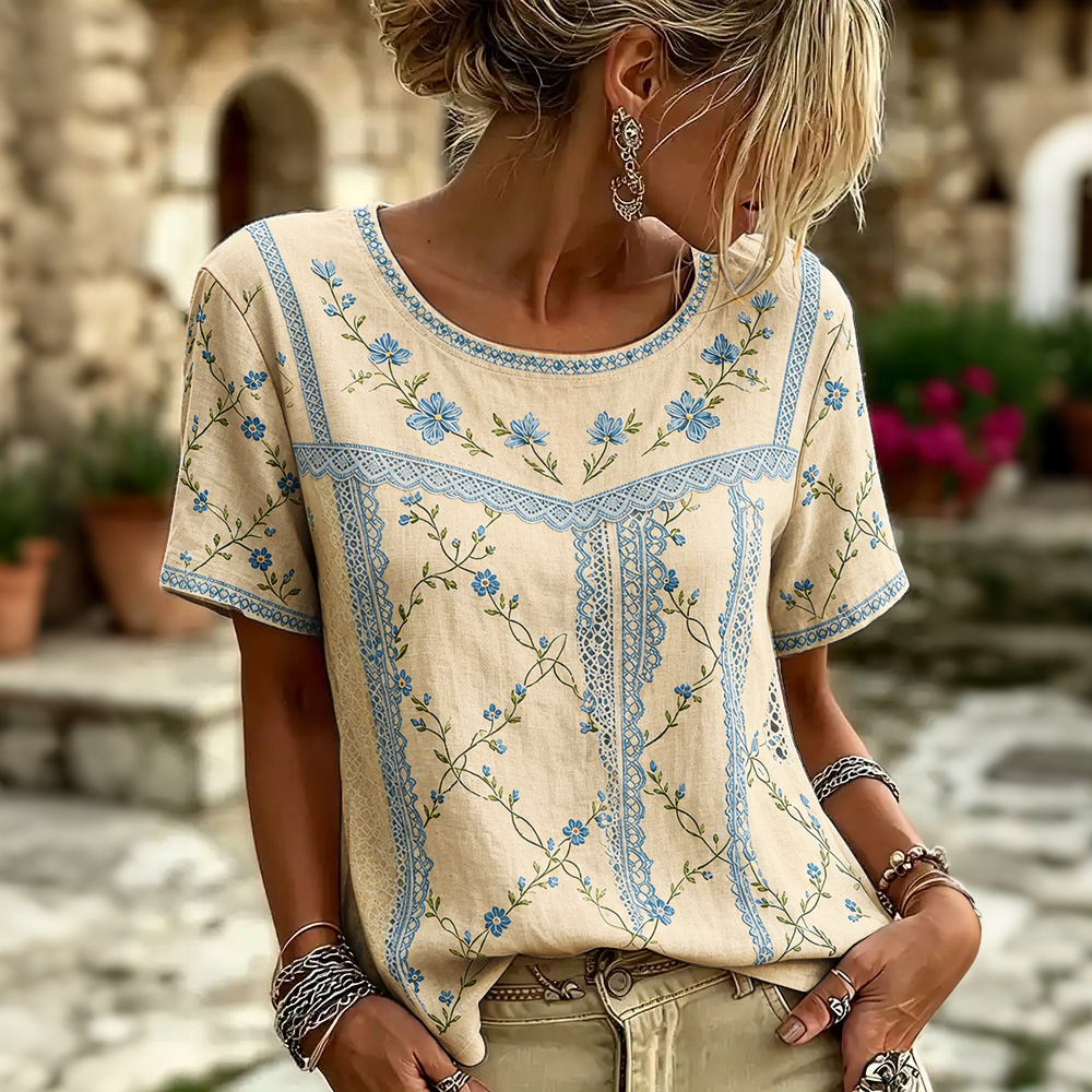 Women's Retro Floral Patchwork Print Art Round Neck Linen Blend T-shirt