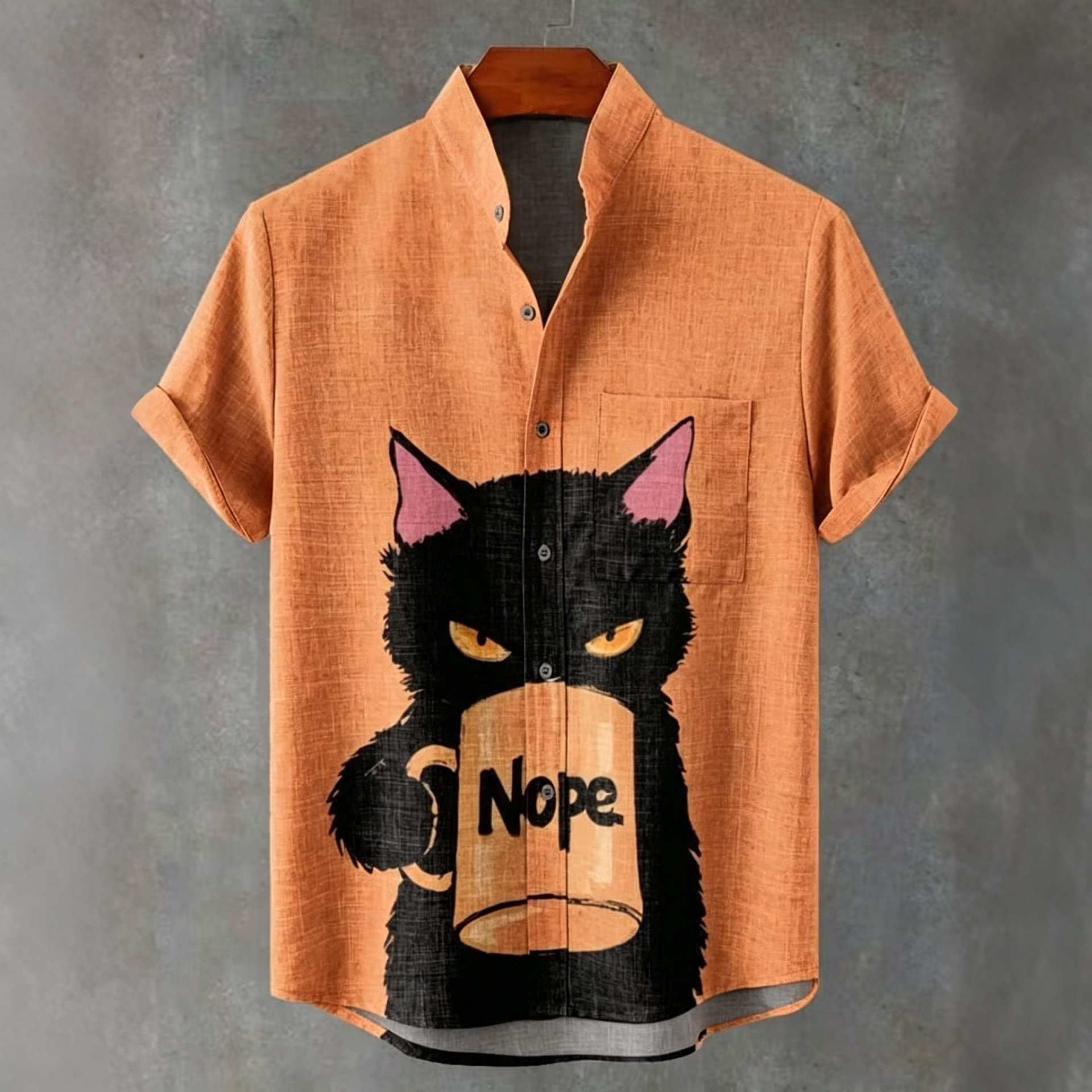 Men's Nope Cat With Coffee Art Casual Short Sleeve Shirts