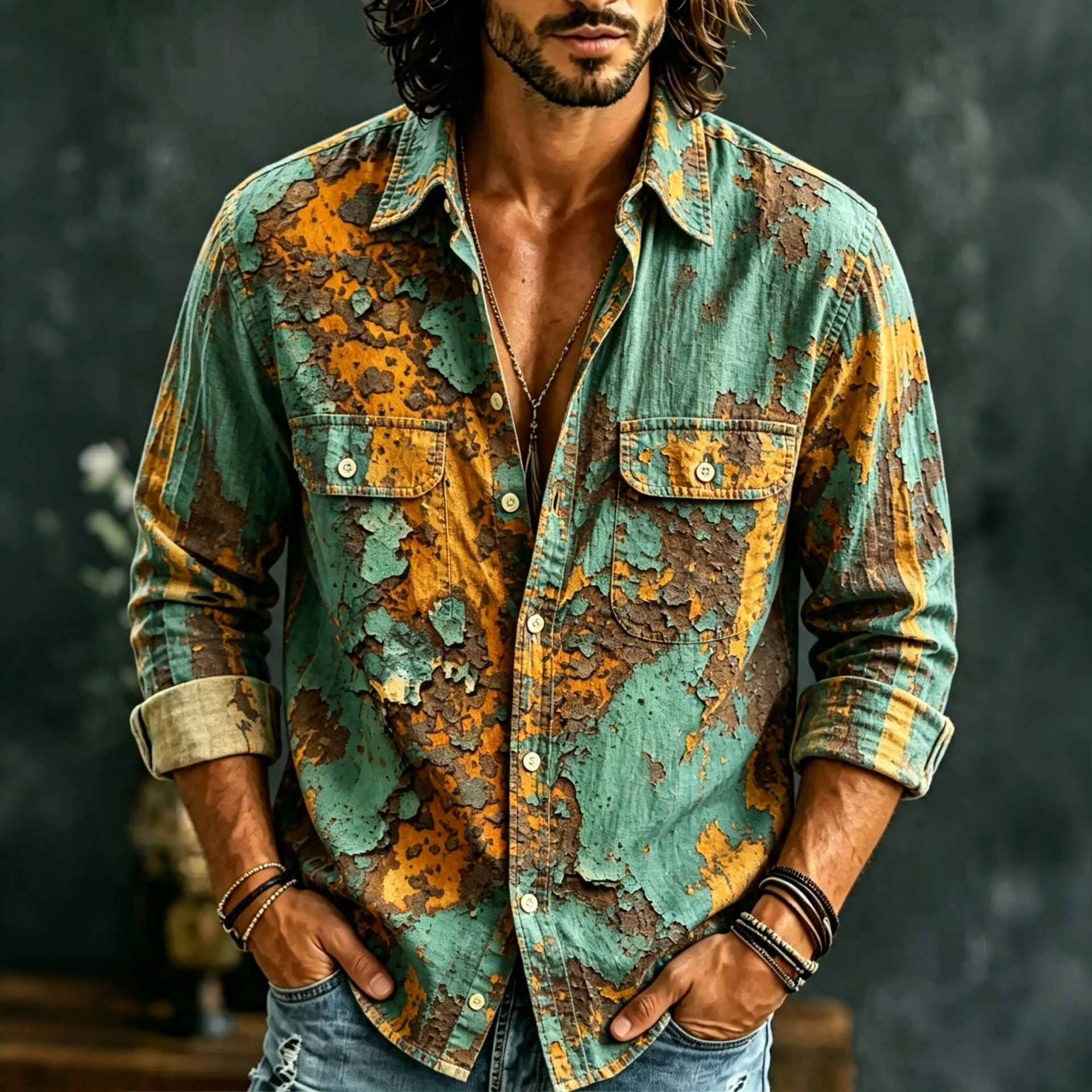 Men's Retro Industrial Distressed Texture Print Pocket Shirt