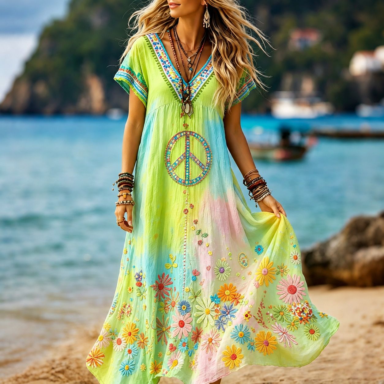 Women's Retro Hippie Peace Floral Embroidery Art V Neck Short Sleeve Linen Blend Maxi Dress