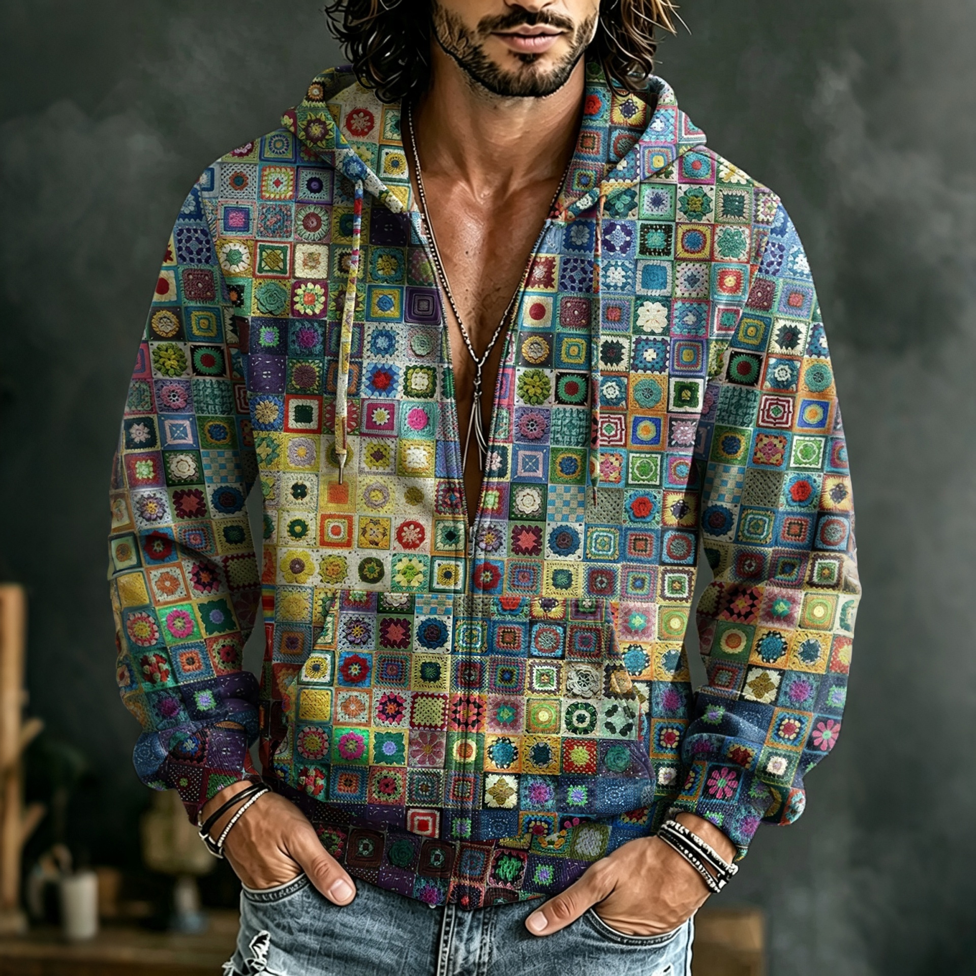 Men's Retro Hippie Geometry Color Block Art Print Casual Zip Up Hoodie