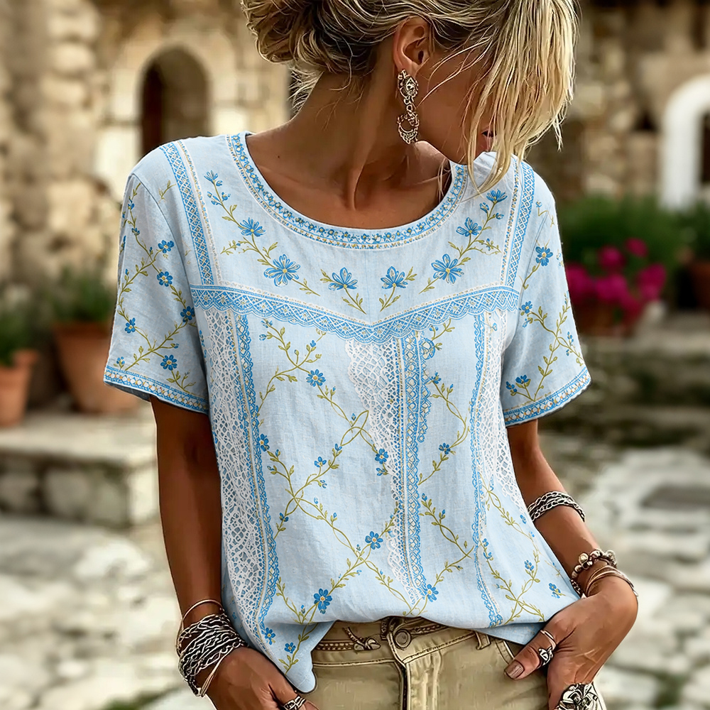 Women's Retro Floral Patchwork Print Art Round Neck Linen Blend T-shirt