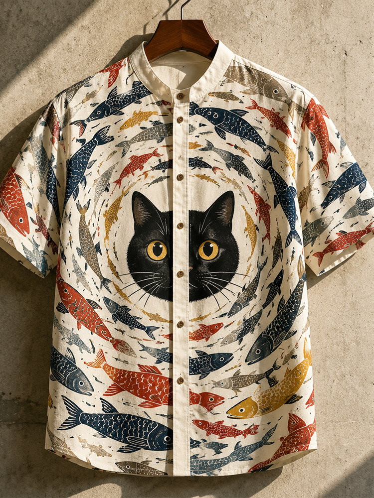 Men's Short Sleeve Casual Shirt - Black Cat Face And Colorful Swirling Fish Pattern Mandarin Collar Top