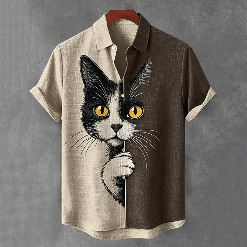 Men's  The Peeping Cat Colorblock Art Casual Short Sleeve Shirts