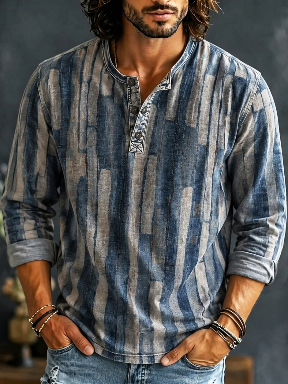 Men's Casual Contrast Geometric Color Block Henley Neck T-shirt