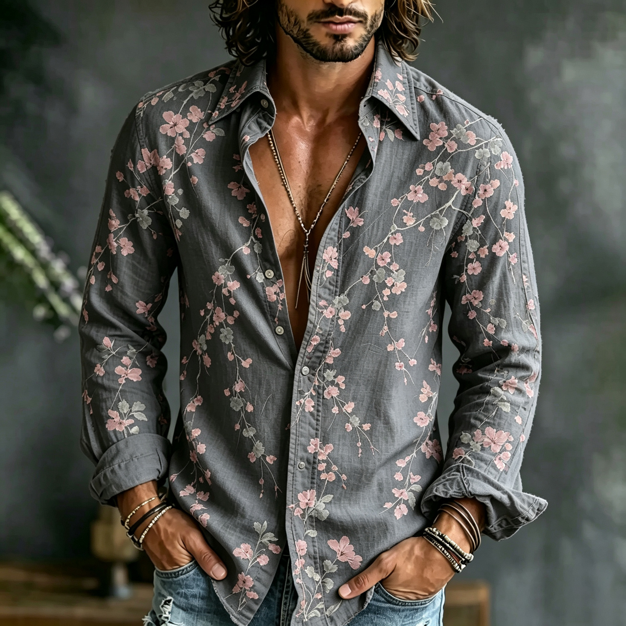 Men's Retro Floral Art Print Casual Cotton Linen Long-sleeved Shirt
