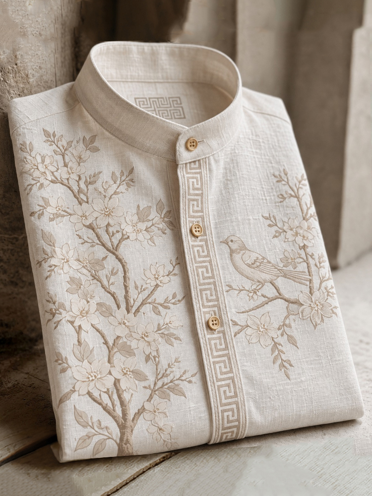 Retro Cherry Blossom And Bird Pattern Short-sleeve Shirt
