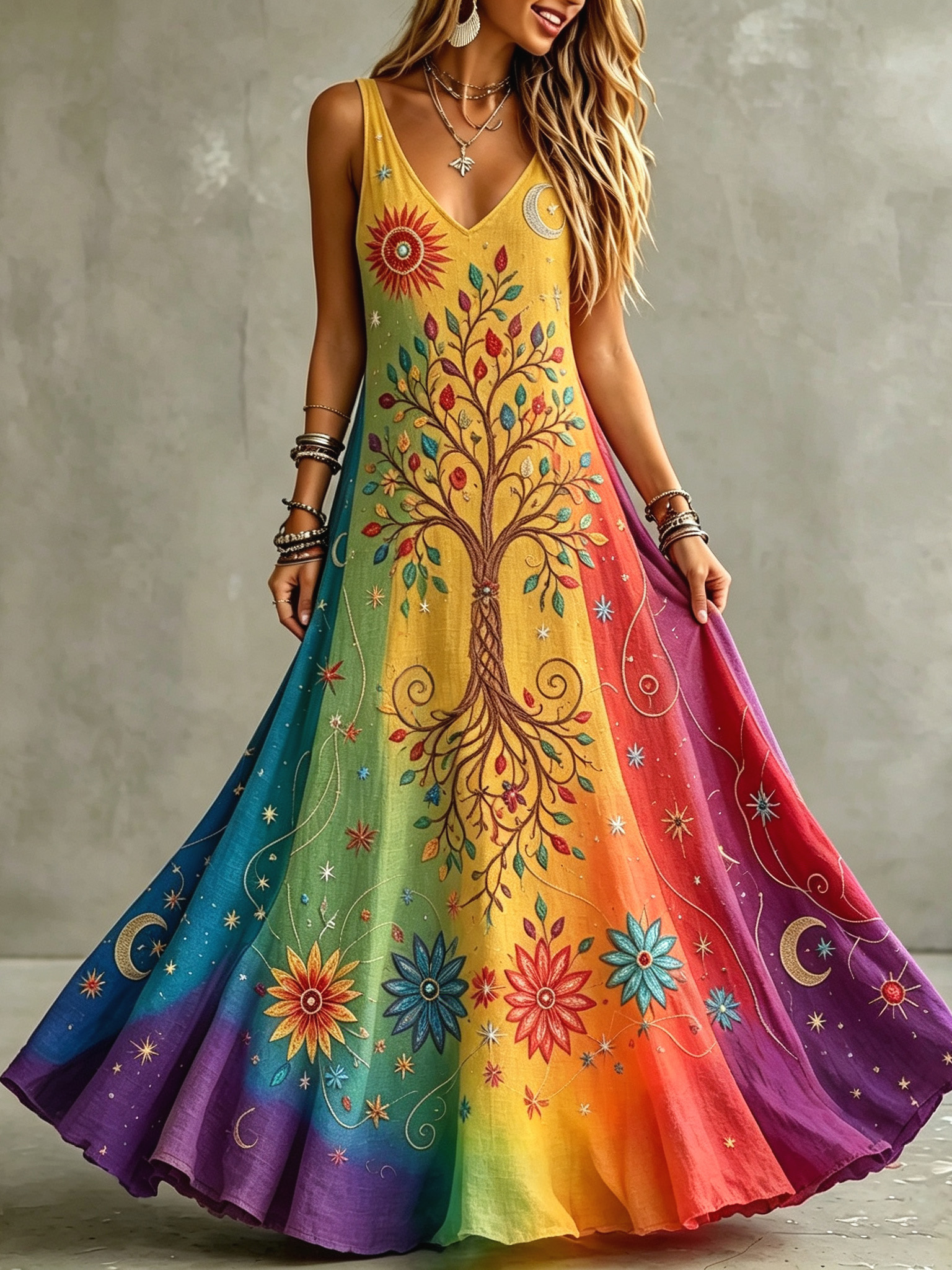Women's Retro Sun Moon With Tree Of Life Color Gradient Art Pattern Tanks Dress