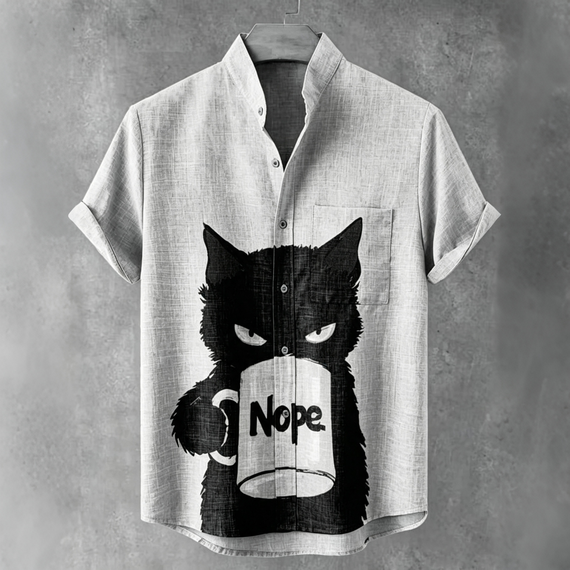Men's Nope Cat With Coffee Art Casual Short Sleeve Shirts