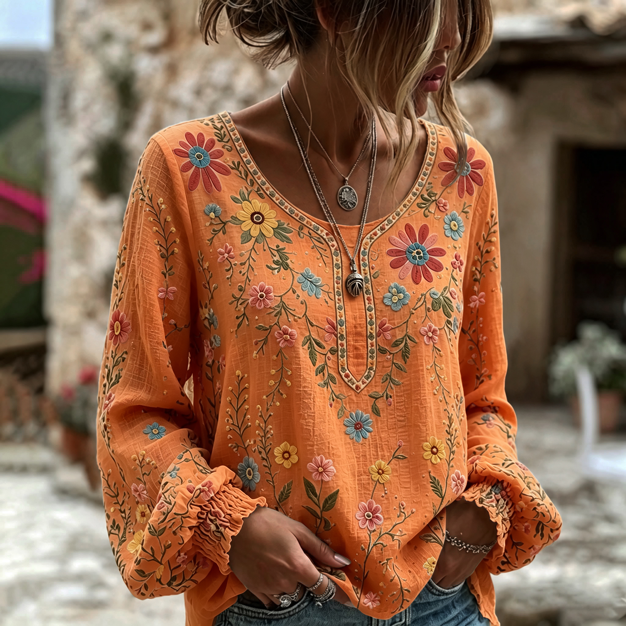 Women's Vintage Floral Art Print Flowy Linen Blend Linen Blend Long Sleeve Casual Tops