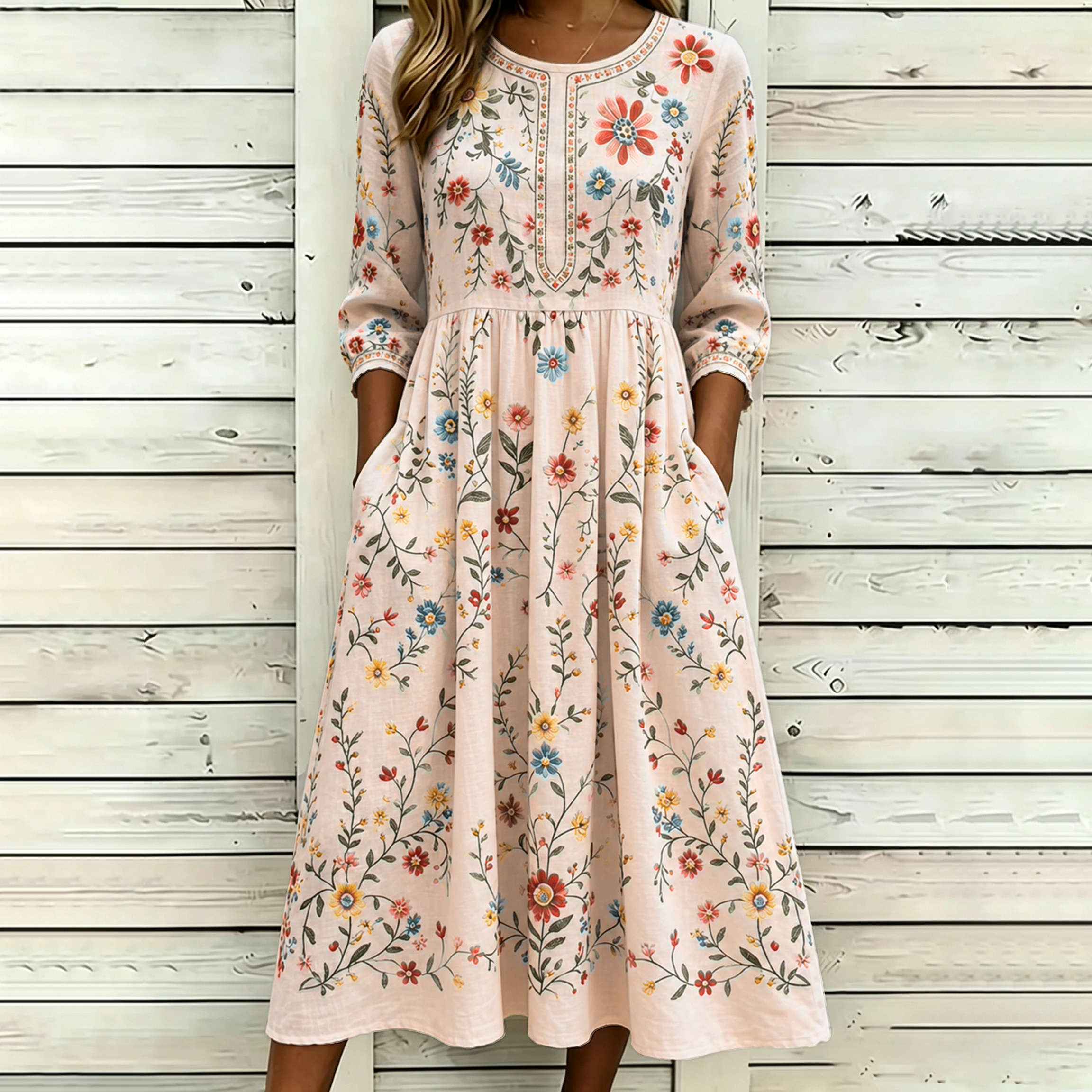 Women's Vintage Floral Pattern Art Printed Linen Blend Dress