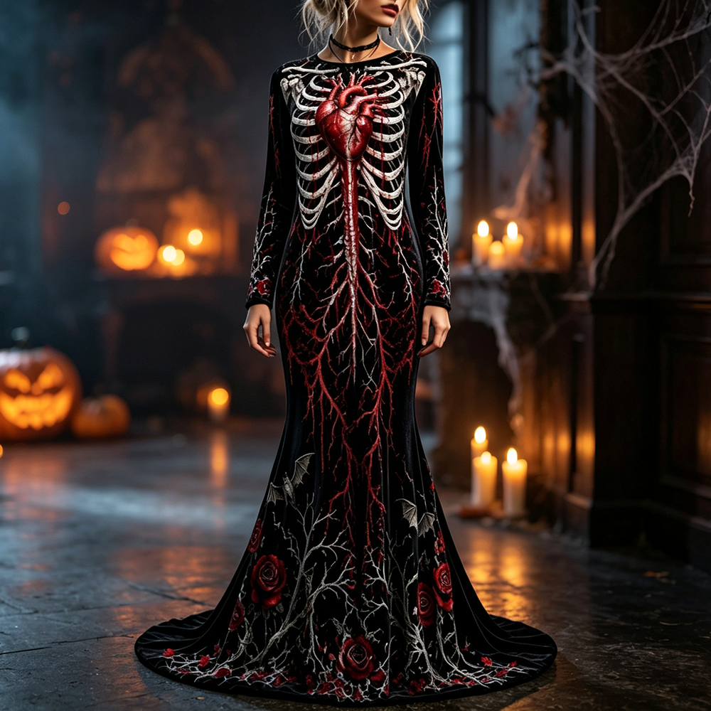 Women's Gothic Long Sleeve Maxi Dress - Anatomical Red Heart, Ribcage Skeleton And Dark Red Rose Print Party Gown