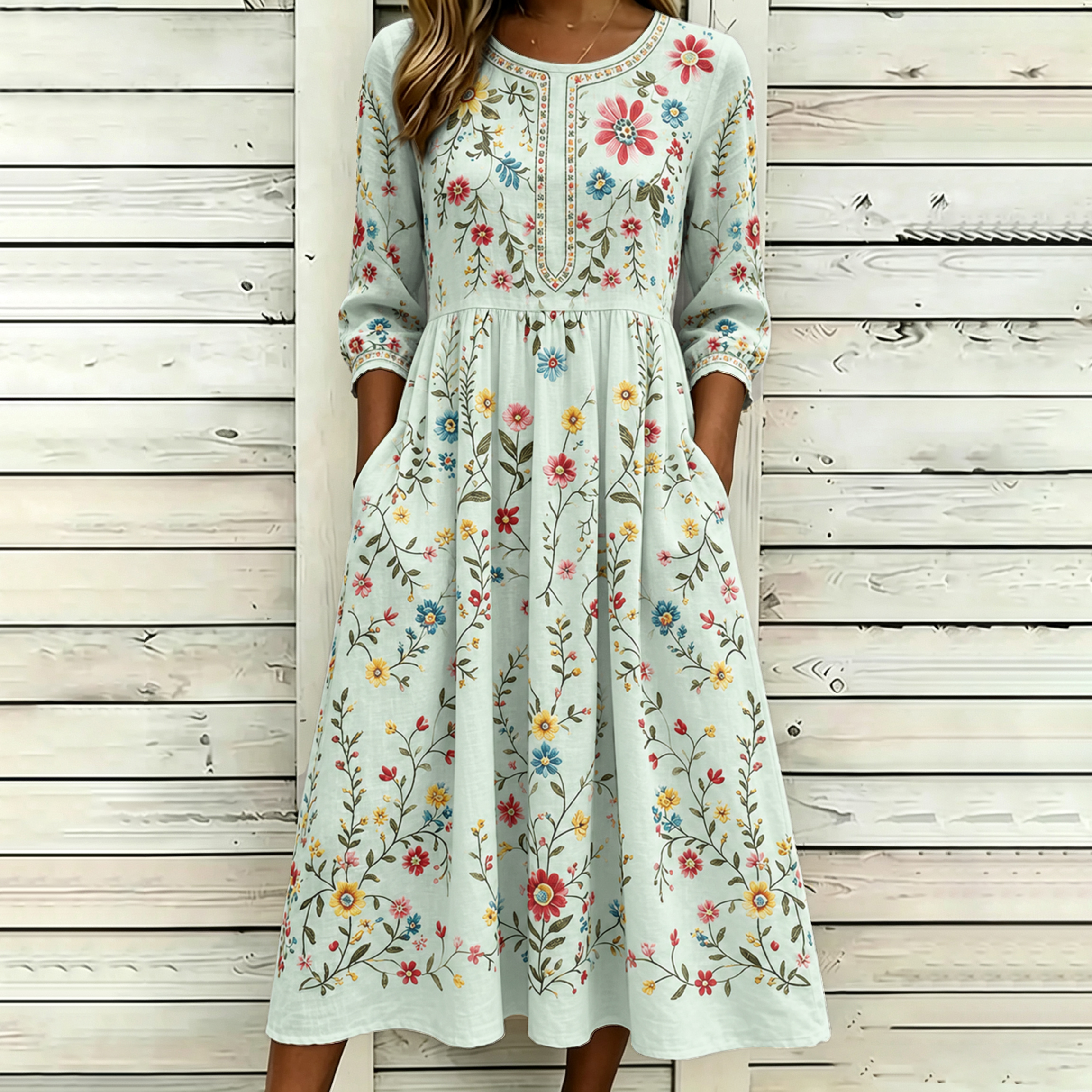 Women's Vintage Floral Pattern Art Printed Linen Blend Dress