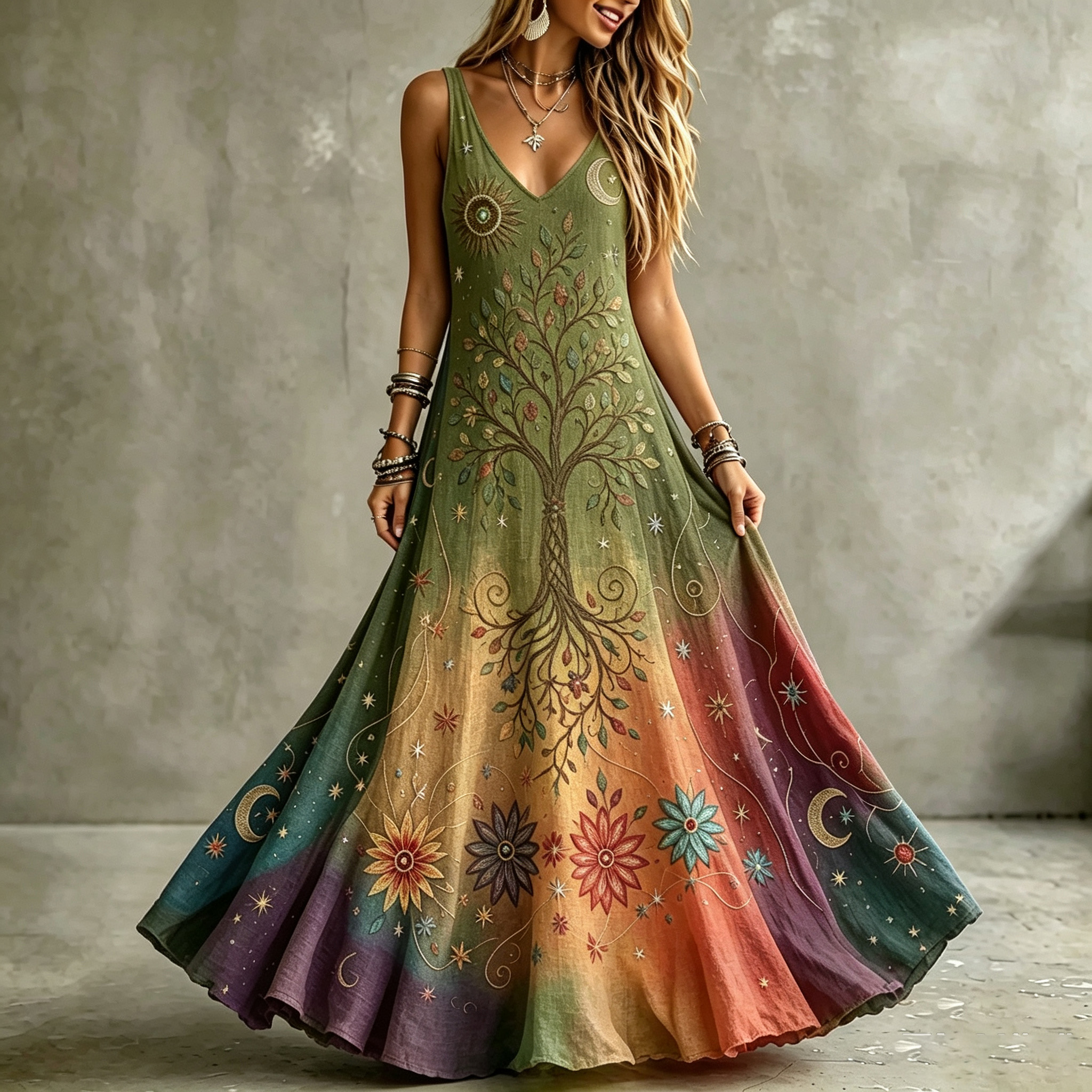 Women's Retro Sun Moon With Tree Of Life Color Gradient Art Pattern Tanks Dress