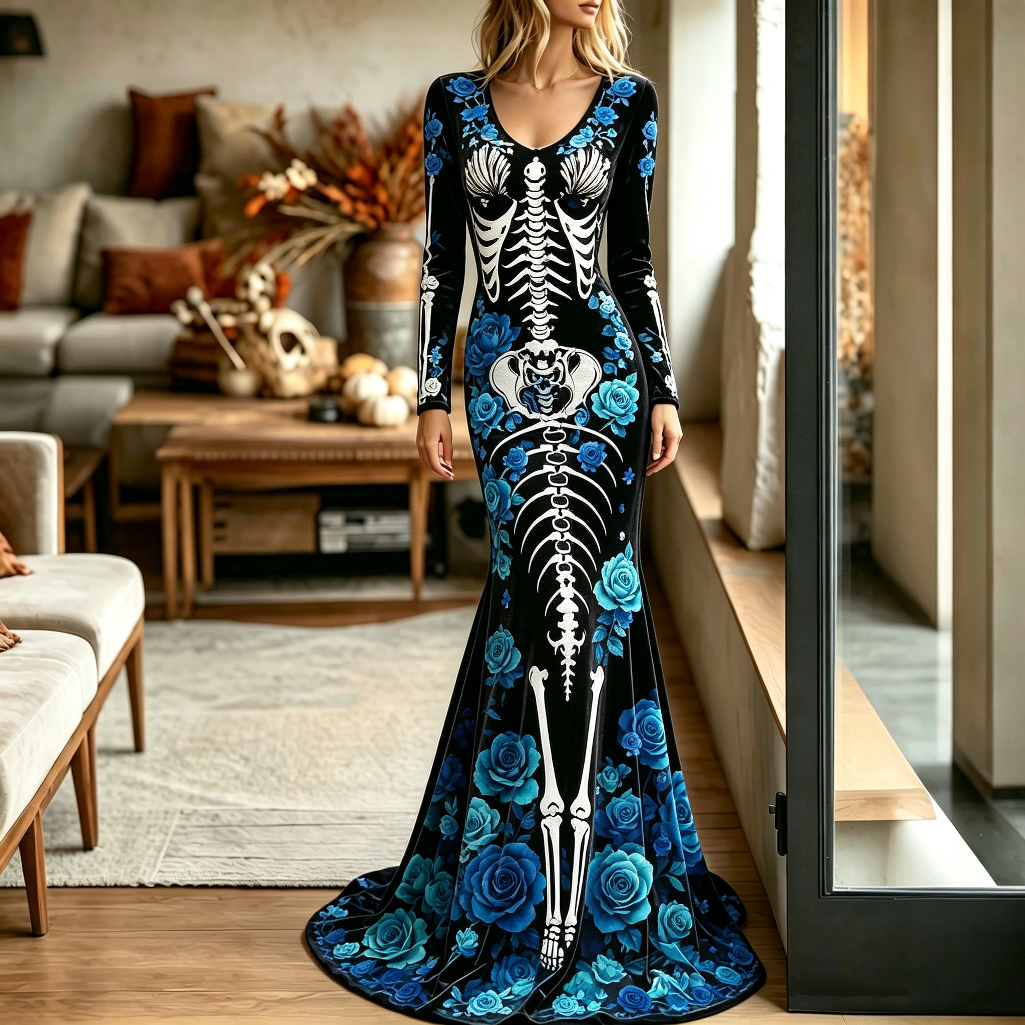Women's Retro Halloween Mermaid Structure And Rose Color Block Round Neck Velvet Dress