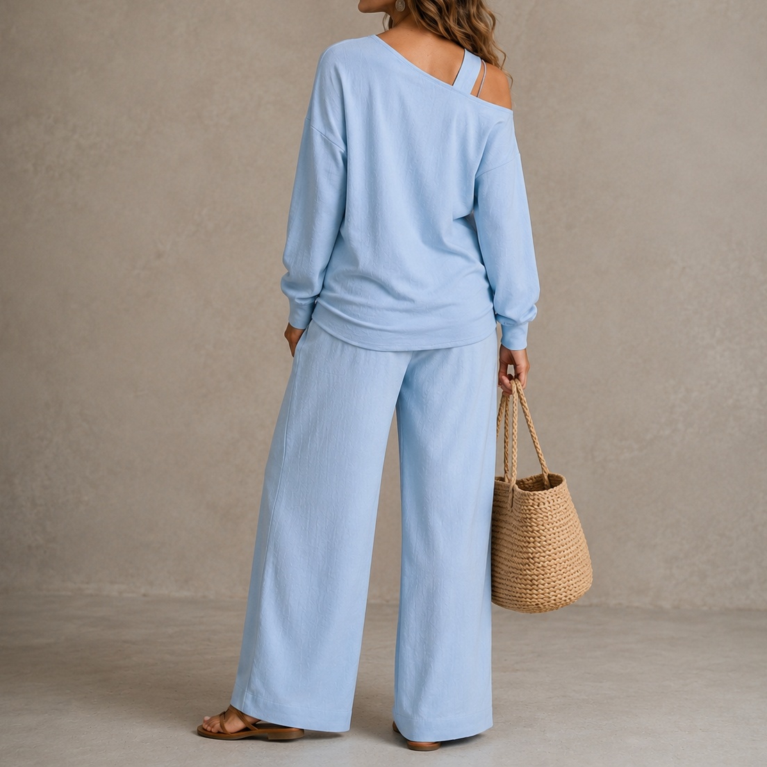Elegance Two-piece Set: One-shoulder Long-sleeved Top + Loose Wide-leg Pants
