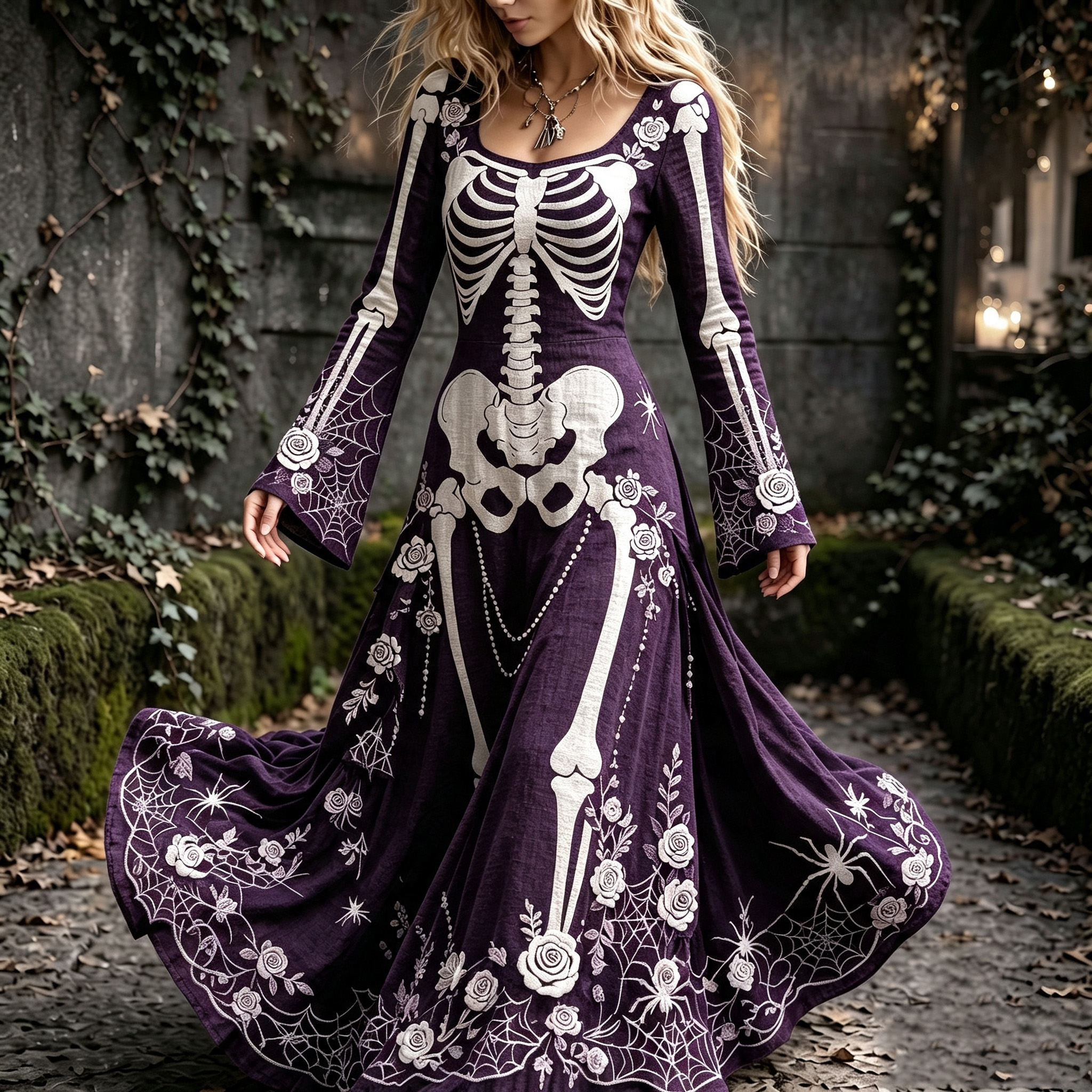 Women's Retro Gothic Spider Skull Floral Pattern Mixi Halloween Dress