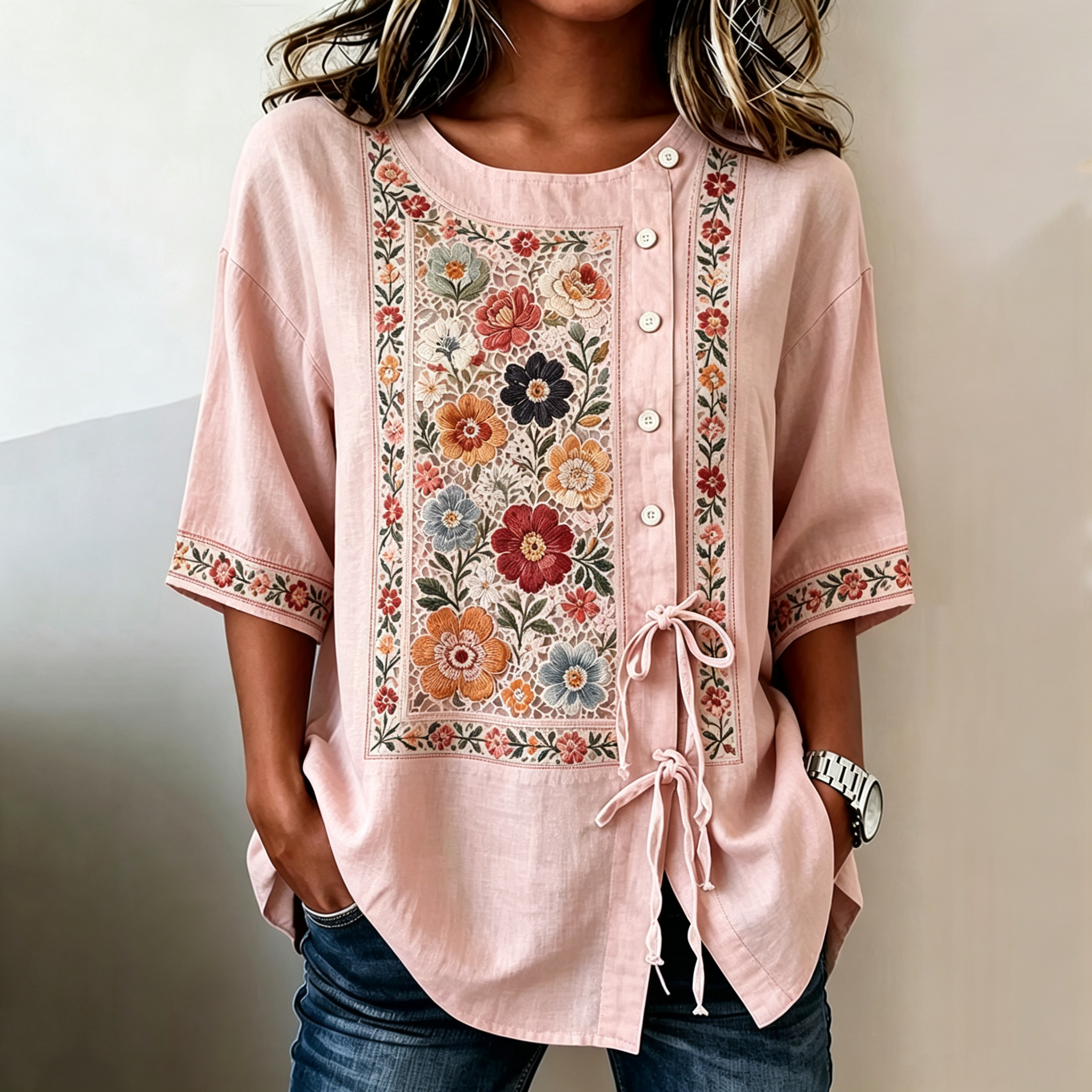Women's Retro Bohemian Floral Design Short-sleeve Top