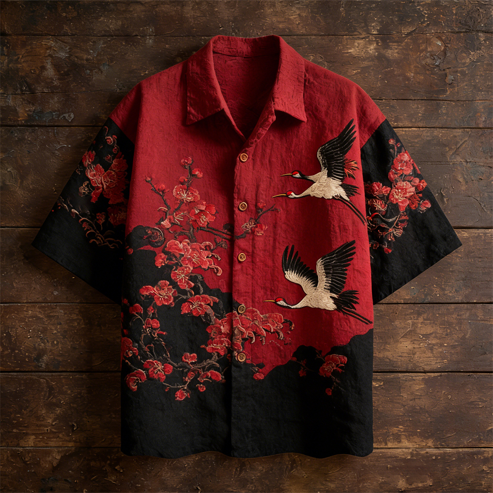 Vintage Japanese Plum & Crane Linen Short Sleeve Shirt
