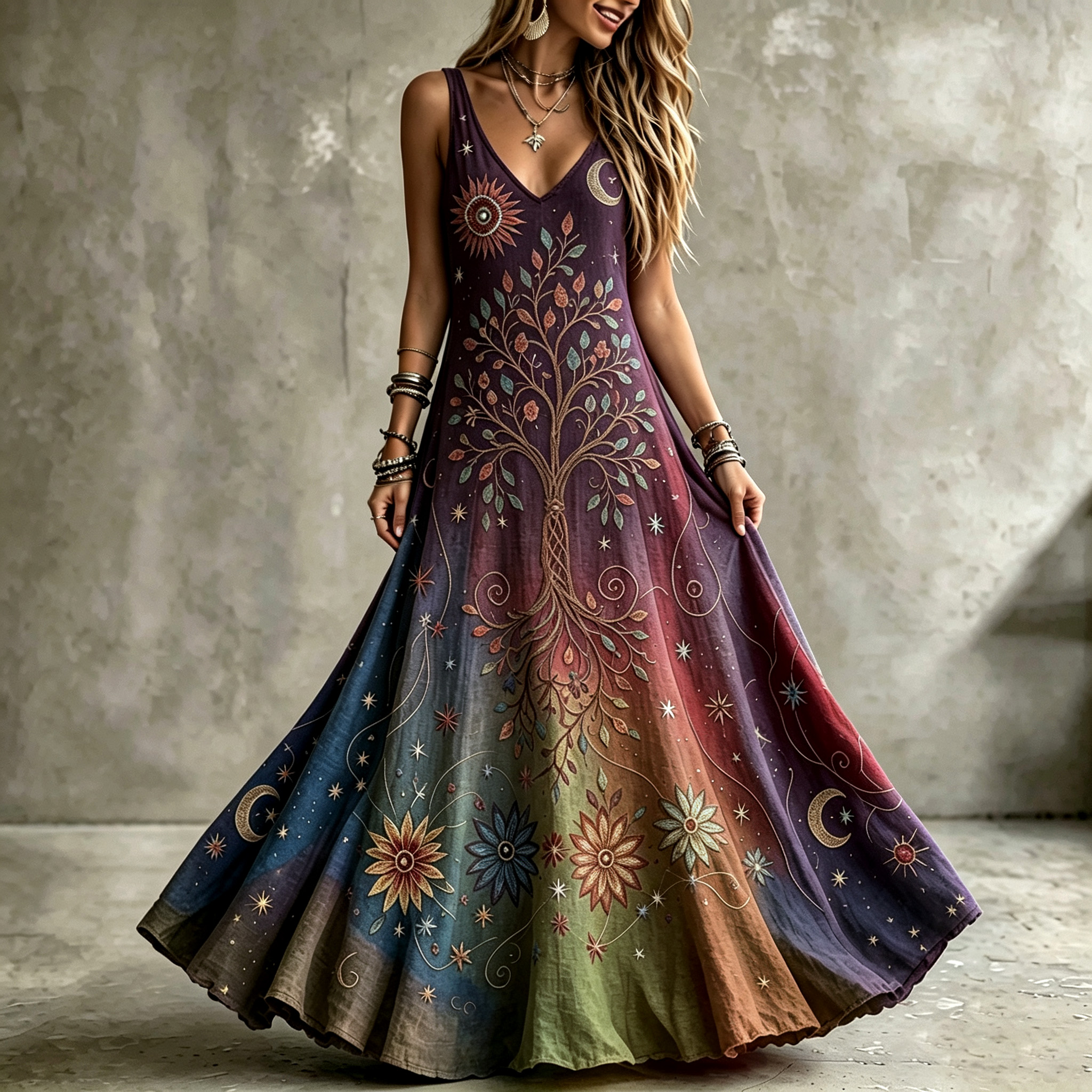 Women's Retro Sun Moon With Tree Of Life Color Gradient Art Pattern Tanks Dress