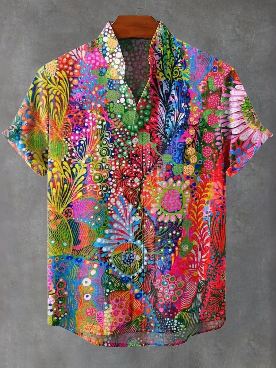 Men's Retro Multicolor Floral Patterns Art Print Linen Blend Shirt