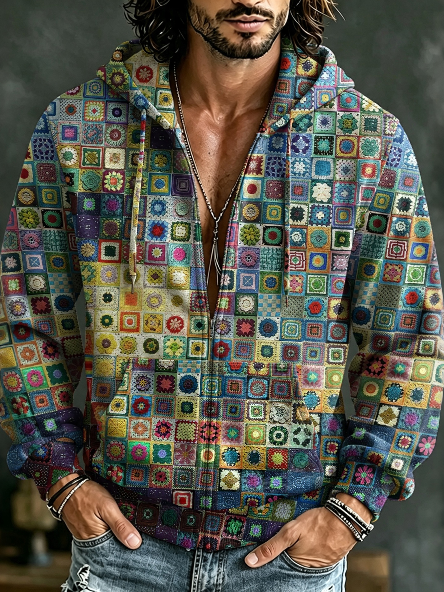 Men's Retro Hippie Geometry Color Block Art Print Casual Zip Up Hoodie