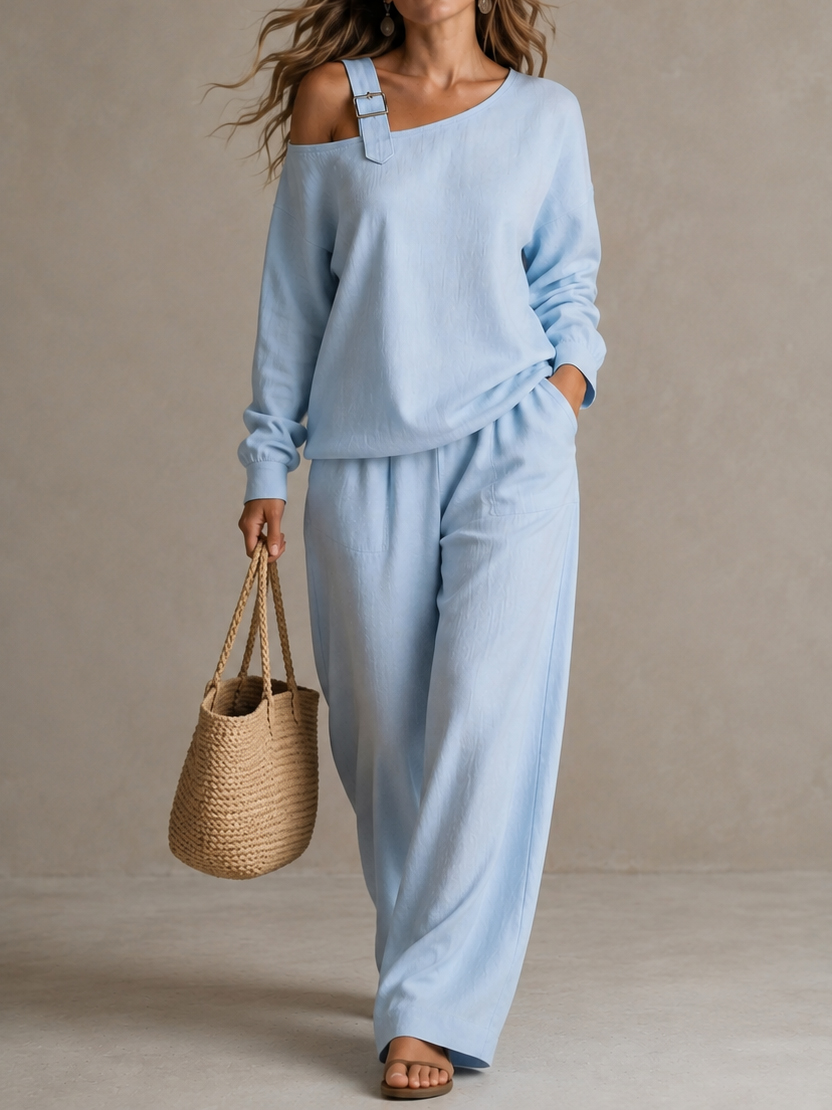 Elegance Two-piece Set: One-shoulder Long-sleeved Top + Loose Wide-leg Pants