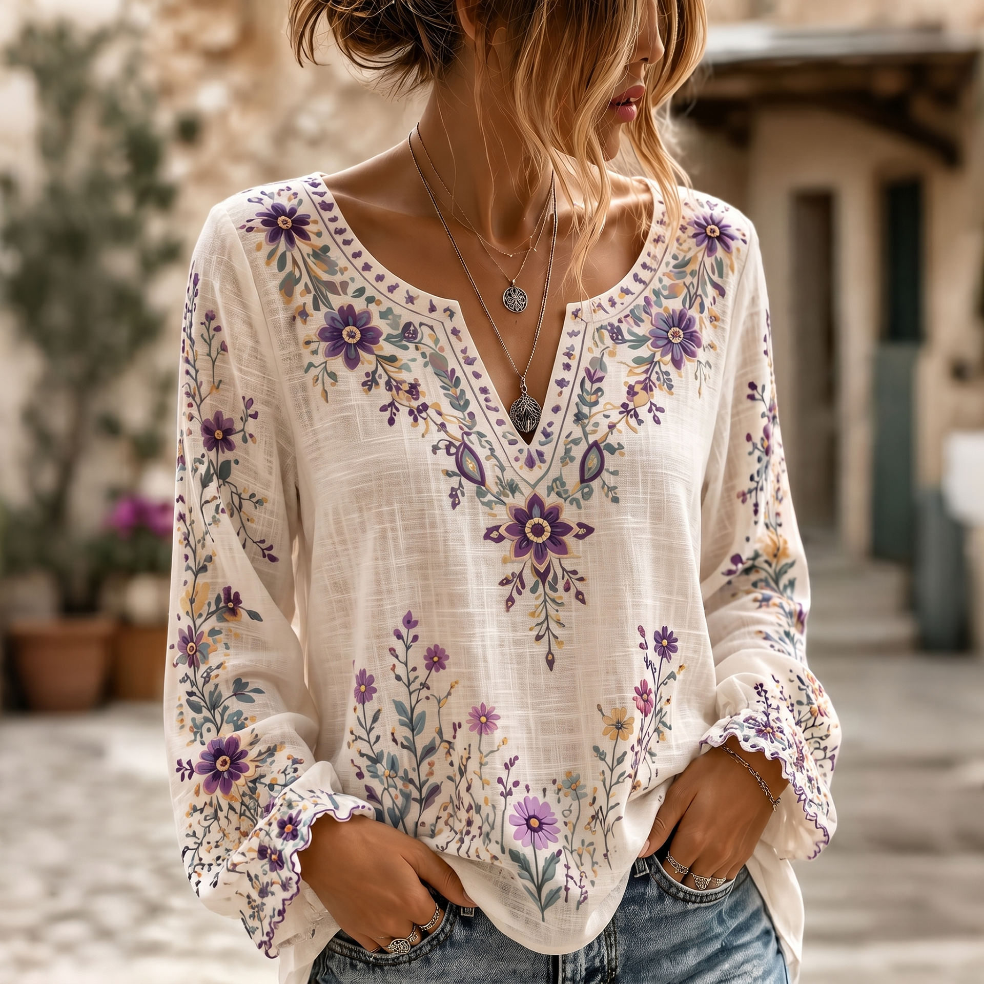 Women's Retro Boho Floral Art Cotton Linen V Neck T-shirt
