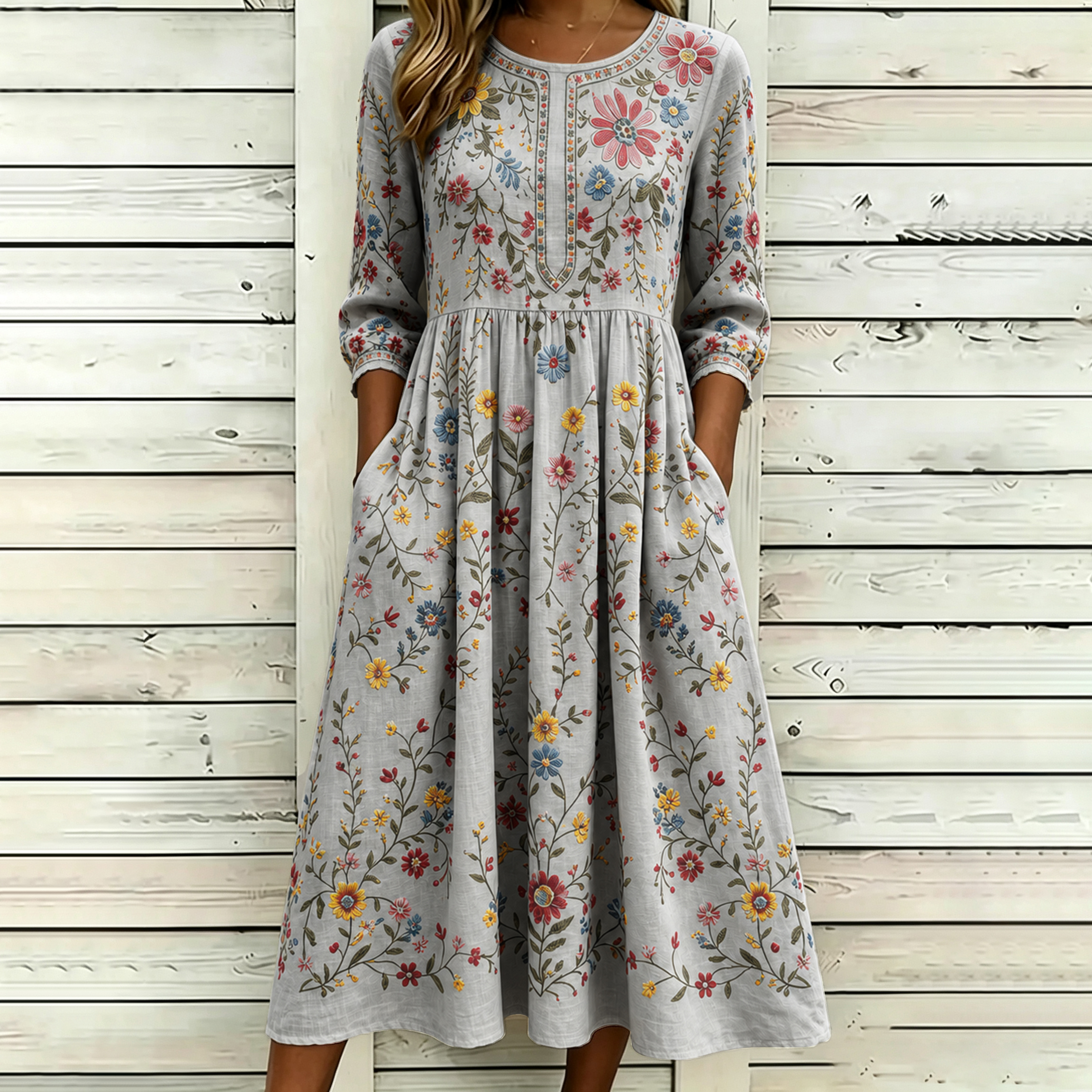 Women's Vintage Floral Pattern Art Printed Linen Blend Dress