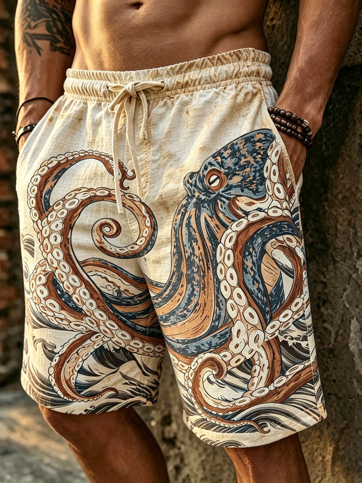 Men's Retro Japanese Art Octopus Print Cotton Linen Casual Shorts