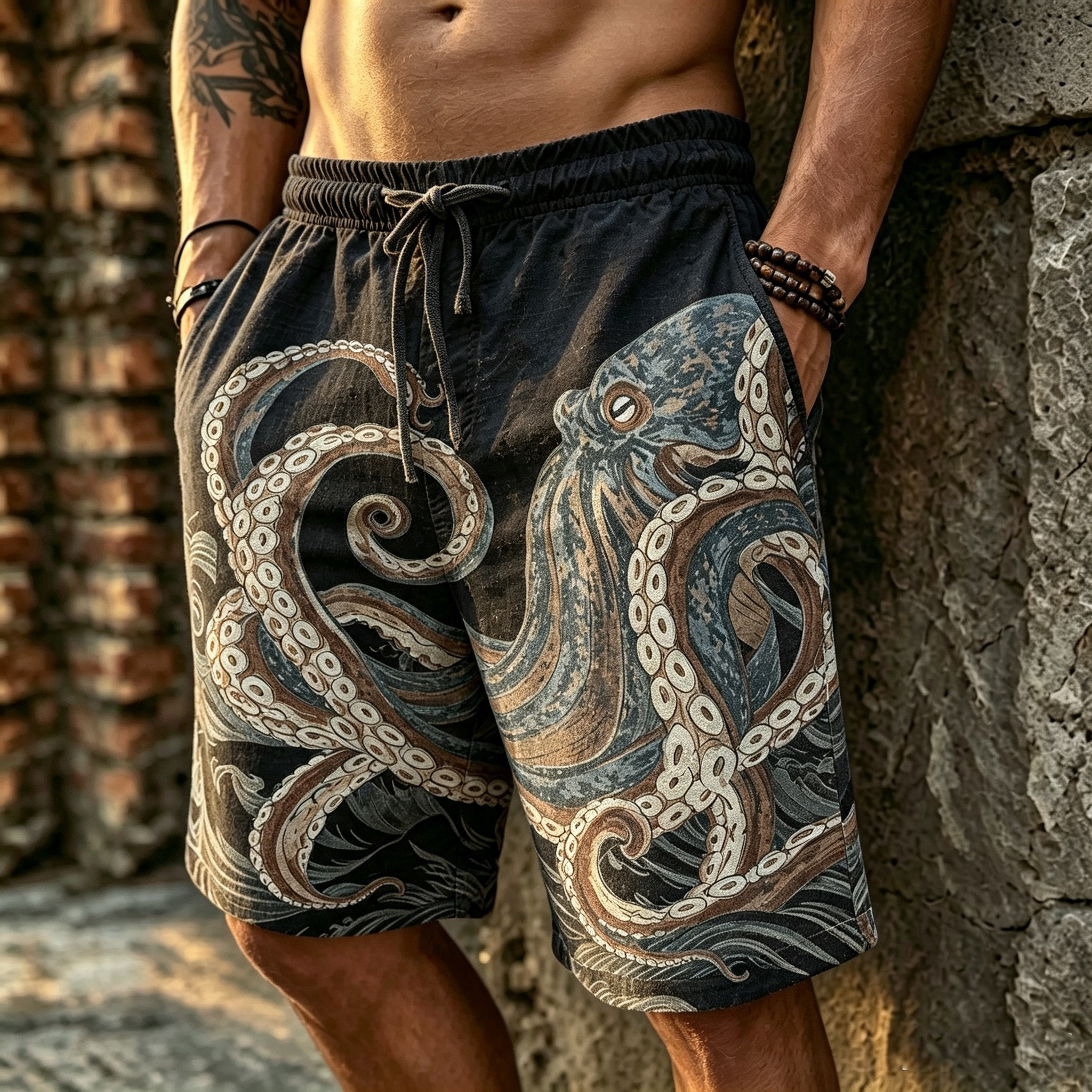 Men's Retro Japanese Art Octopus Print Cotton Linen Casual Shorts